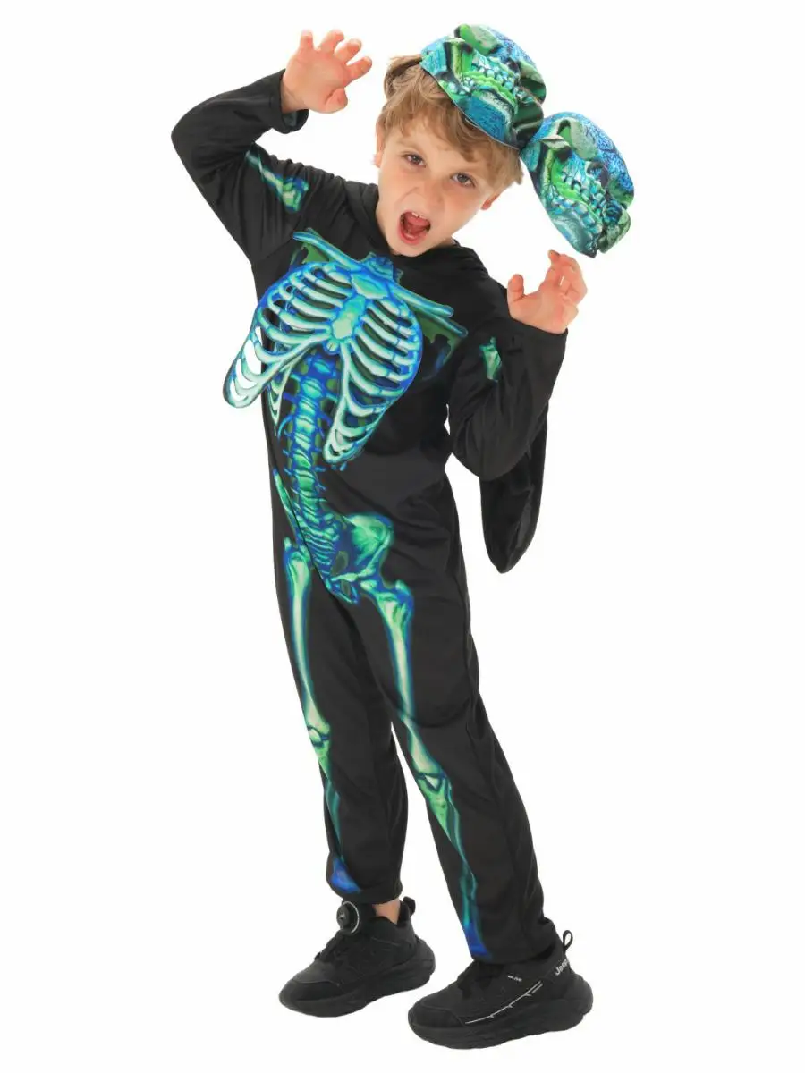 جديد أزياء الهالوين ذات الرأس المزدوج الهيكل العظمي بدلة تنكرية للأطفال لمرحلة الرعب أداء الزي المضحك شبح الزي البوليستر