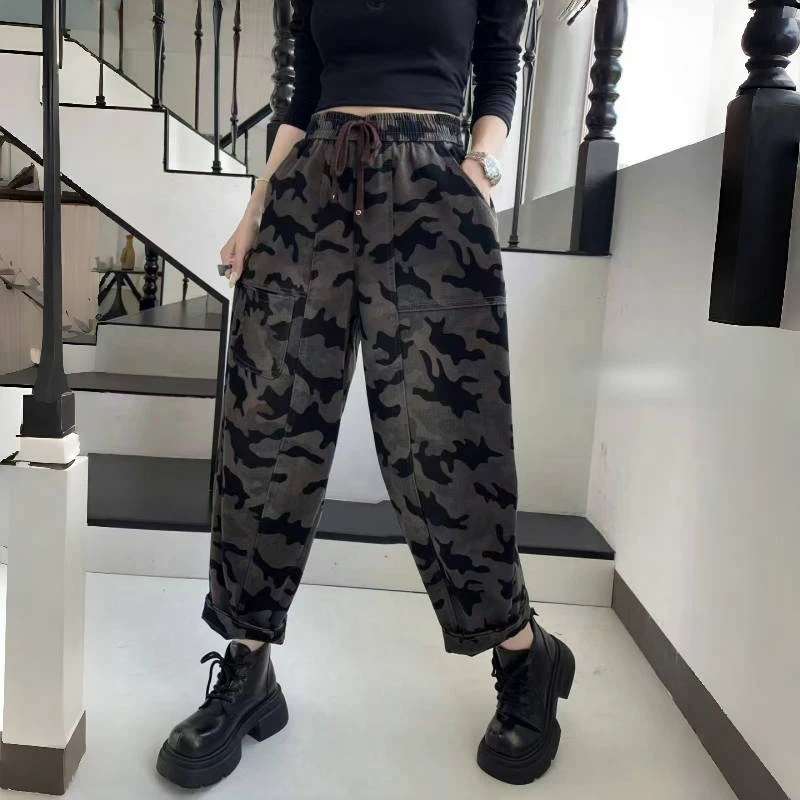 Women's Loose Fit Camouflage Print Elastic Denim Jeans High Waist Cotton Stretch Retro Sle Spring Autumn Seasonal Faion