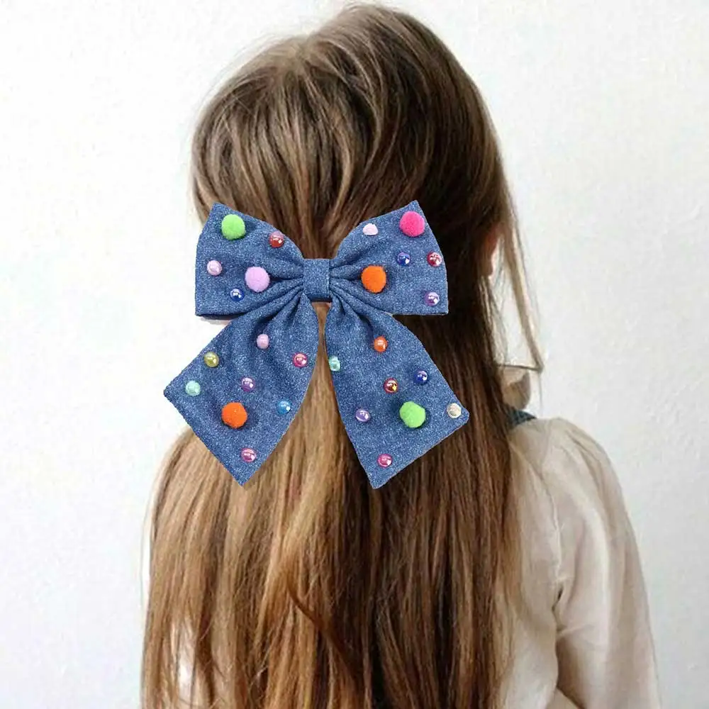 Sweet Rhinestone Hairpin Fashion Jeans Bow Hair Clips Kids Party Hair Accessories Simple Barrettes Headwear Girls Headdress