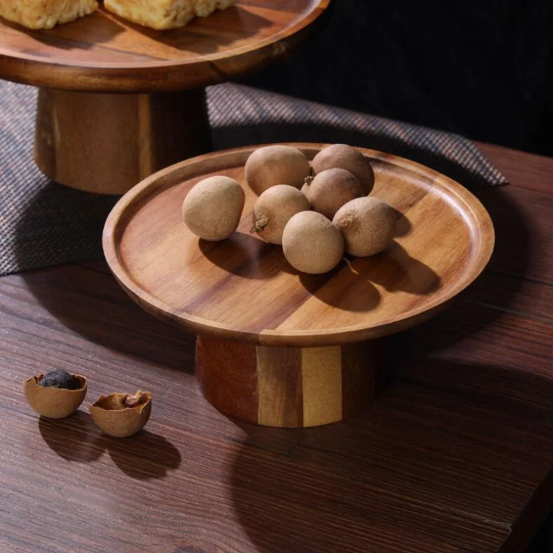 Acacia Wood Fruit Plate Living Room Household High Foot Cake Solid Dessert Display Table Decoration Kitchen Supplies