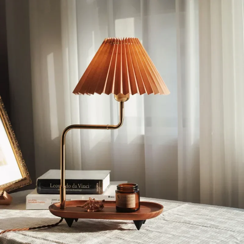 

Vintage Walnut Desk Lamp Creative Pleated Design for Hotel Bedroom Ambiance Smoked Fragrant Decorative Lighting