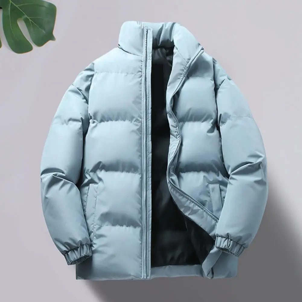 Men Winter Down Coat Thickened Padded Stand Collar Neck Protection Windproof Coat Warm Elastic Cuff Loose Men Cotton Coat