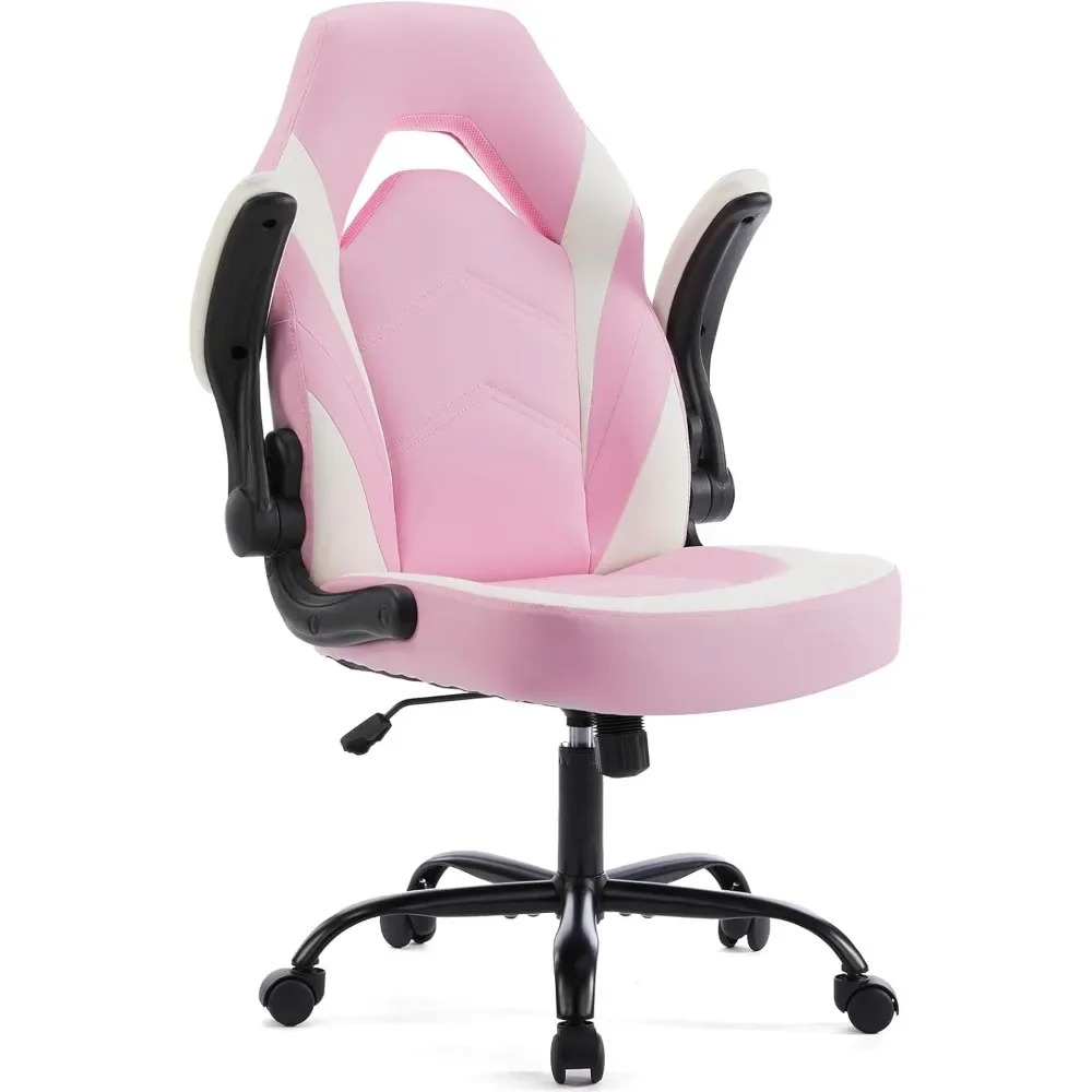 Computer Gaming Desk Chair - Pink Ergonomic Office Executive Adjustable Swivel Task PU Leather Racing Chair with Flip-up Armrest