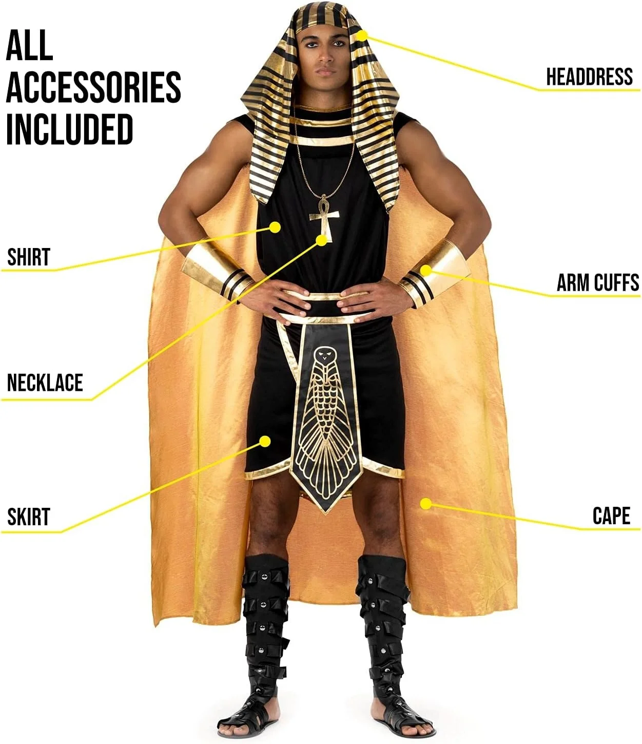 بدلة قفز زي فرعون مصري للرجال + كيب + حزام + قبعة + أساور معصم مجموعة أزياء الملك توت #5