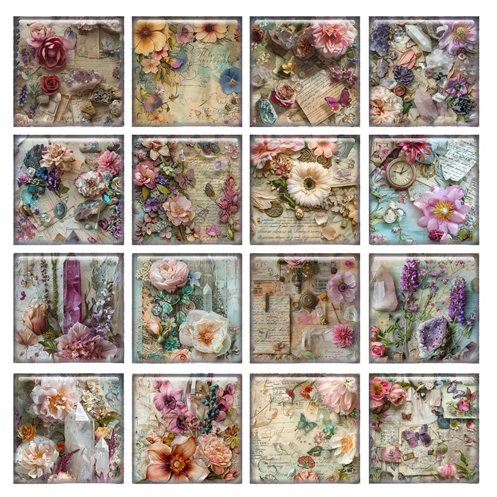 Random Mixed Round/Oval/Square Retro Paper Plants Flower Photo Glass Cabochon Flatback Demo Cameo For Diy Jewelry Making