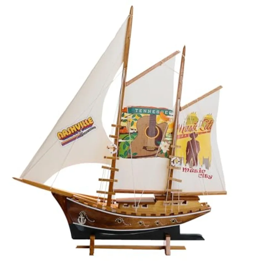 

Nautical home decor: handmade wooden sailing yacht model in navy blue fabric, traditional miniature ship art for maritime-theme
