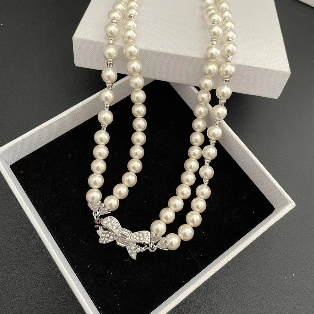 To Reines Crystal Bow Double Pearl Luxury Necklace Woman Quality Jewelry Trendy Design Attractive Girlfriend Anniversary Gift image 3