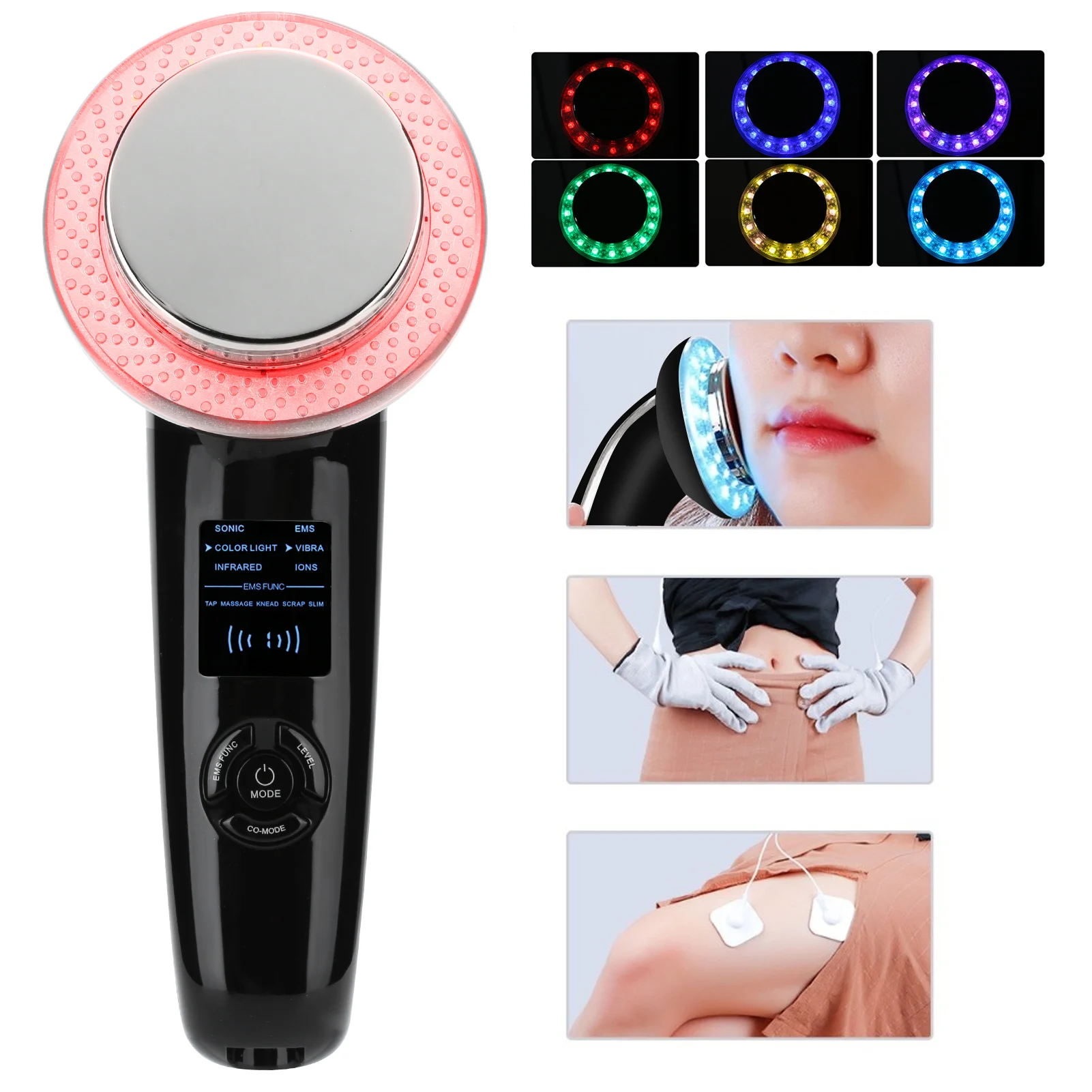 

6‑In‑1 LED Body Slimming Massager 1MHz EMS Whitening Skin Rejuvenation Infrared Heating Device Black