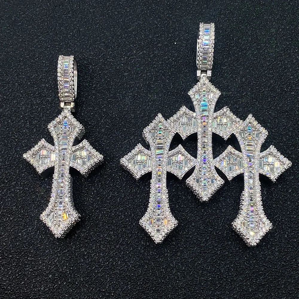 

Iced Out D Color Baguette Moissanite Cross Pendant Hiphop Jewelry Three Combined Cross Diamond Pendant Tennis Necklace Pass Test