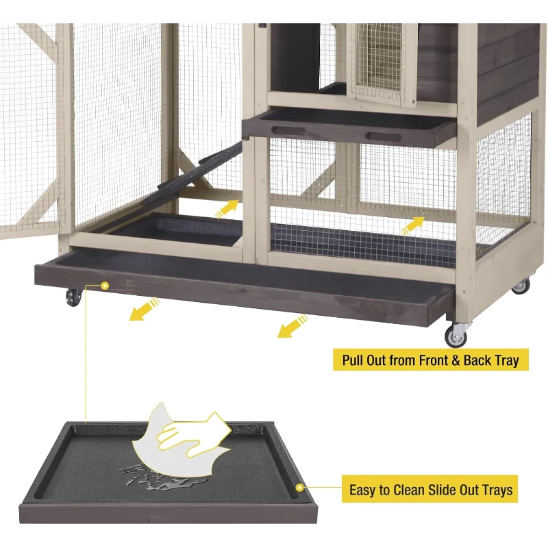 Aivituvin Rabbit Hutch Rabbit Cage Indoor Bunny Hutch with Run Outdoor Rabbit House with Two Deeper No Leak Trays - 4 Casters