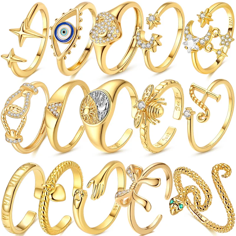 

Original 925 Sterling Silver Golden Open Ring Snake Bee Star Heart A Letter Adjustable Size Ring For Lover Jewelry Women Gift