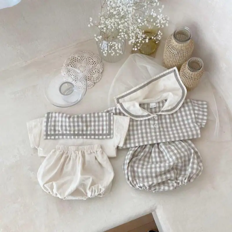 Infant Boy Girl Lapel Tops + Shorts 2pcs Suit Cotton Toddler Casual Plaid Outfits 2025 Summer New Baby Short Sleeve Clothes Set