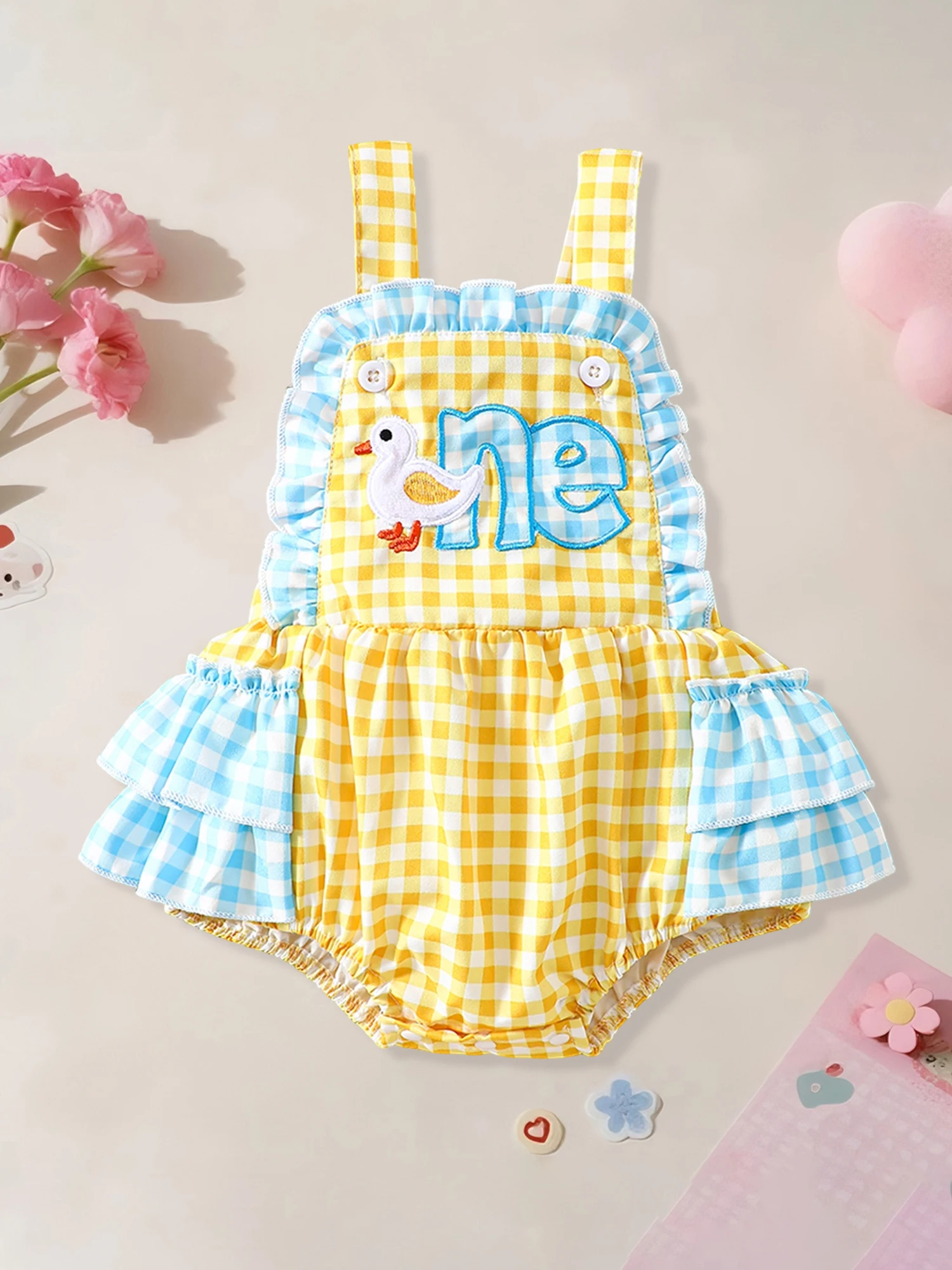

Stylish Baby Girls Sleeveless Jumpsuit with Adorable Bunny Embroidery and Checkered Pattern Perfect for Summer Fun
