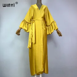 WINYI-Vestido de seda monocromático com cinto automático feminino, quimono elegante, cardigã de manga bolha, moda praia, fato de banho, cobertura, feriado, verão