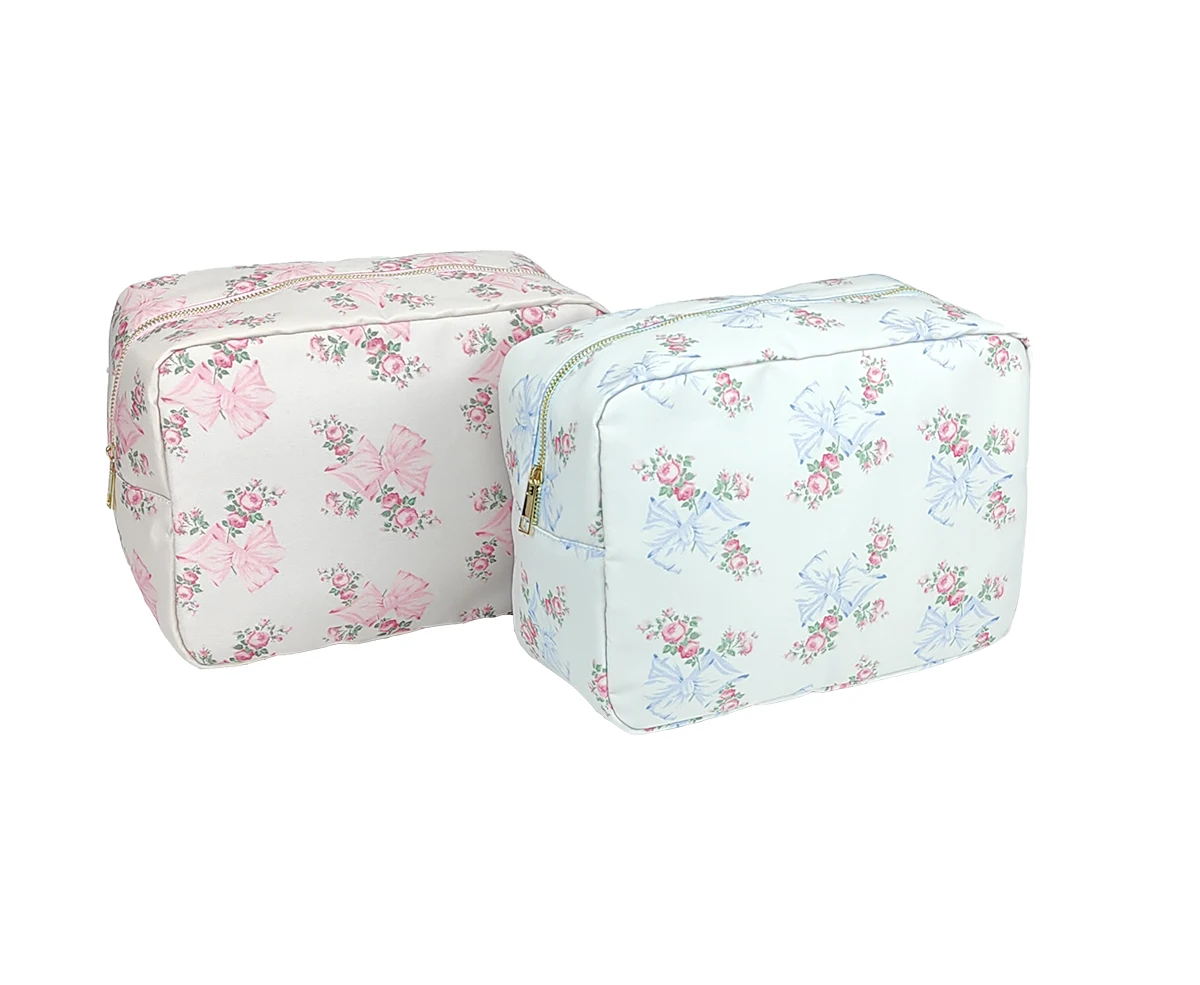 New S M L XL Pink Blue Printed Bow Cosmetic Bag Waterproof Ladies Storage Nylon Large Capacity Travel Bag Storage Bag