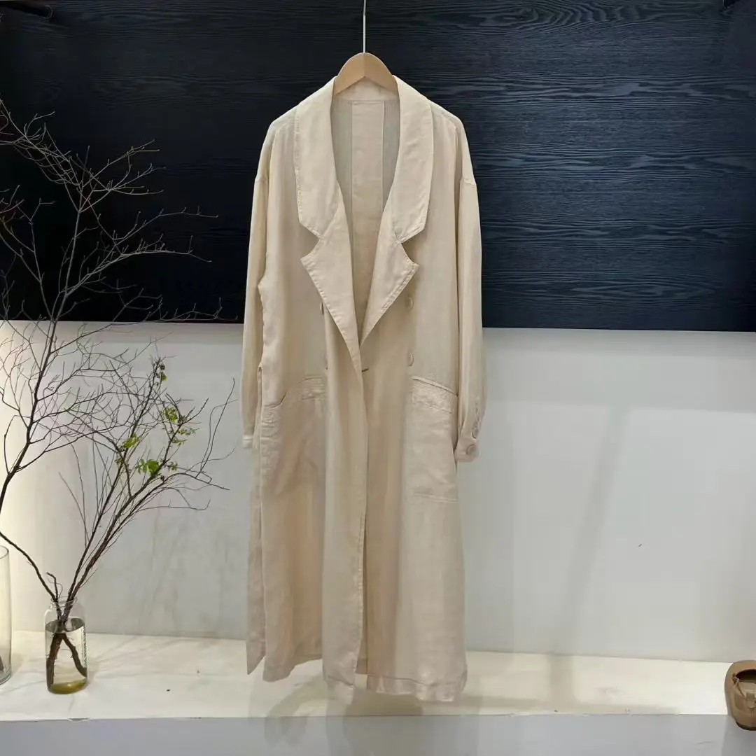 SuperAen 2026 Autumn New Solid Color Long-Sleeved Casual Trench Double Breasted Waist Belt Loose Linen England Style Coat