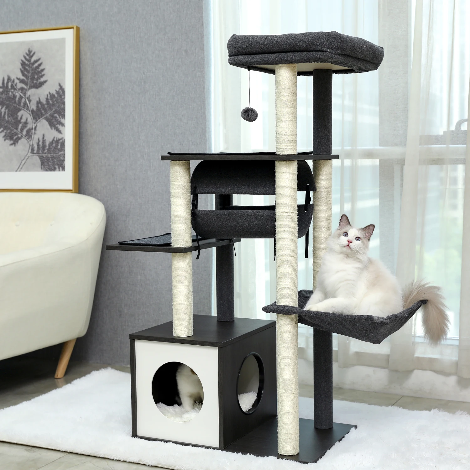 Height 130.5CM Cat Tree Condo Multi-Level Platform Tower Sisal Scratching Post for Kitten Cat Climber Perches Tunnel Hummock Bed