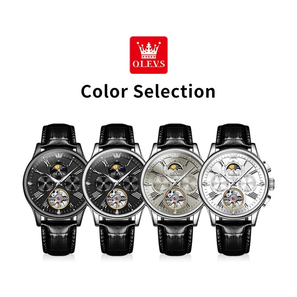 ساعة OLEVS للرجال ماركة أصلية بحزام جلدي للرجال ساعة ميكانيكية أوتوماتيكية مقاومة للماء مضيئة #6