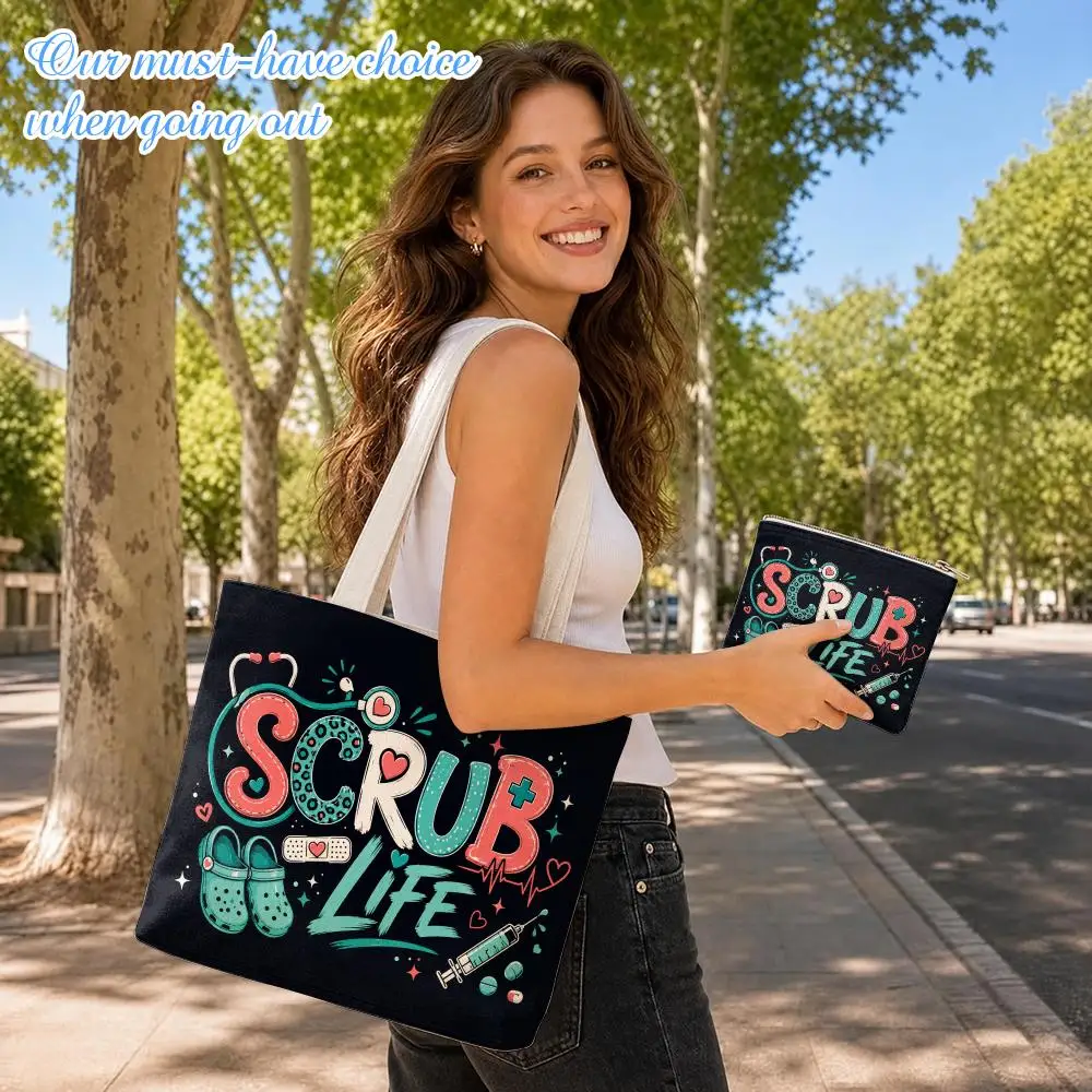 Nurse Life Storage Bags 2-Pcs Canvas Tote Bag with Zipper Reusable Tote Bags for Shopping Travel Work Gifts