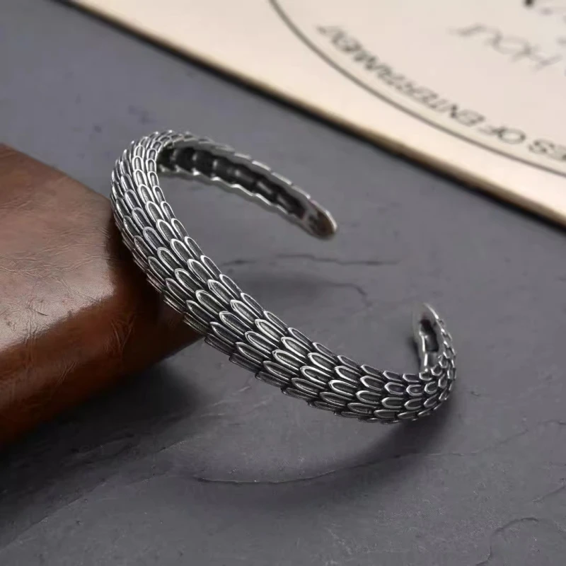Buyee 925 Sterling Silver Male Big Bangle Dragon Scale Pattern Bangle for Women Men Fashion Unique Punk Fine Jewelry Circle Gift
