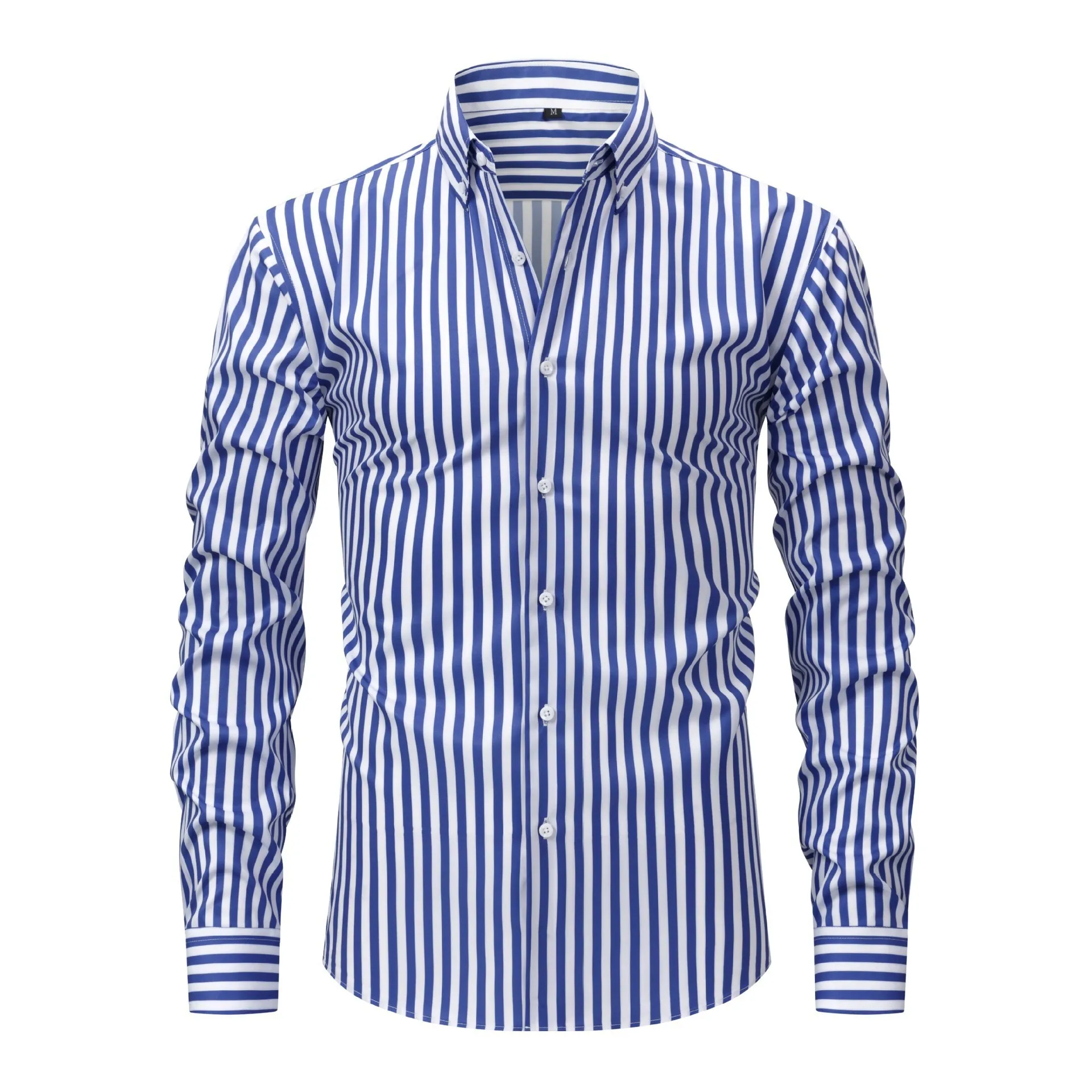 

Fashion 2025 men's 3D printed minimalist striped design slim fit casual lapel button comfortable long sleeved shirt