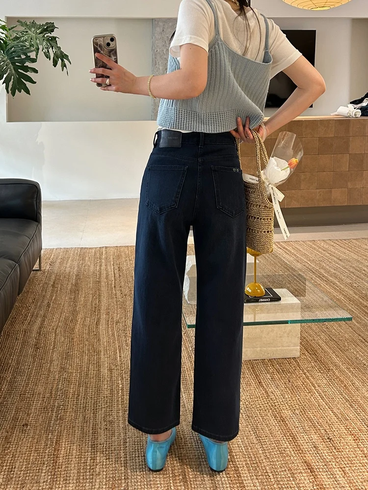 

High Waist Wide Leg Straight Jeans Women's Deep Blue Heart Nine Grandmother Pants Spring New Arrival Comfortable Cotton Stret...