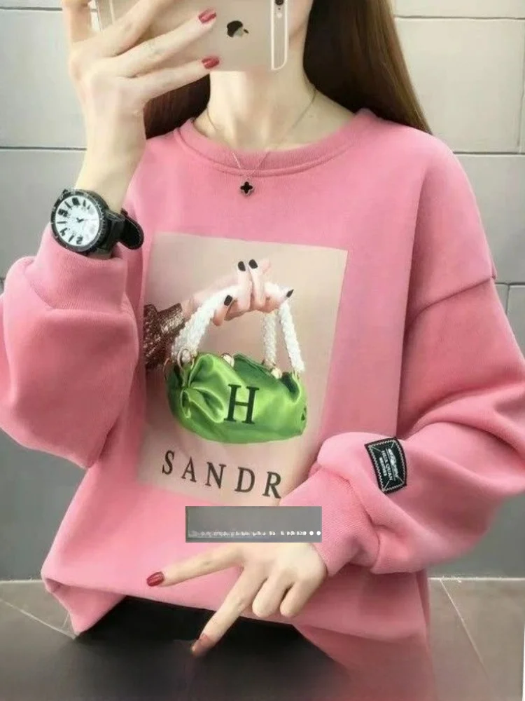 

Роскошный брендовый женский свитшот, весенне-осенний модный свободный крой, утягивающий универсальный топ, корейский круглый длинный S...