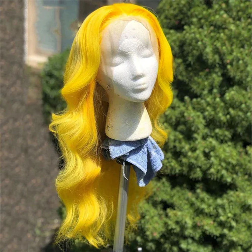 RONGDUOYI Bright Yellow Synthetic Body Wave Lace Front Wig For Women Used Heat Resistant Fiber Lace Wig Natural Hairline