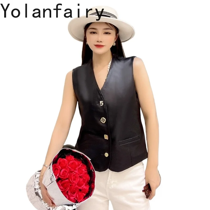 

YOLANFAIRY 2026 Genuine Sheepskin Leather Vest Woman High Quality Sleeveless Waistcoat Short Women's Jackets and Vests Outerwear