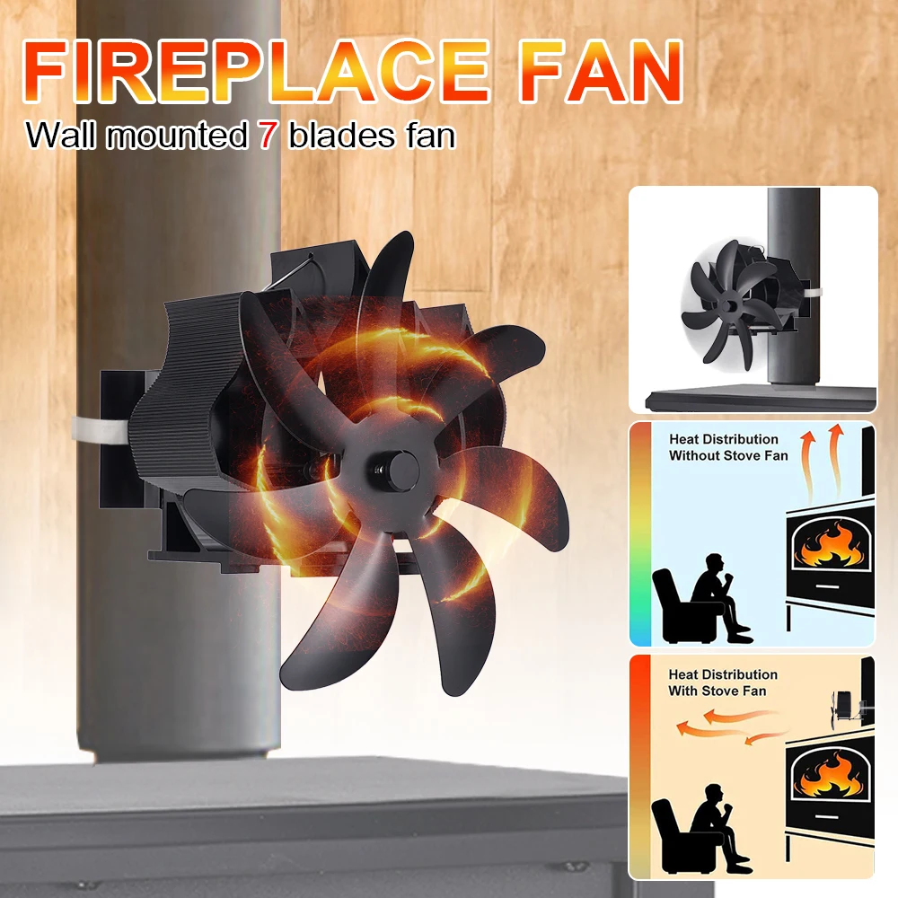 Wall Mounted 7 Blades Heat Powered Stove Fan With Clamp Fireplace Fan Log Wood Burner Eco Quiet Fan Efficient Heat Distribution