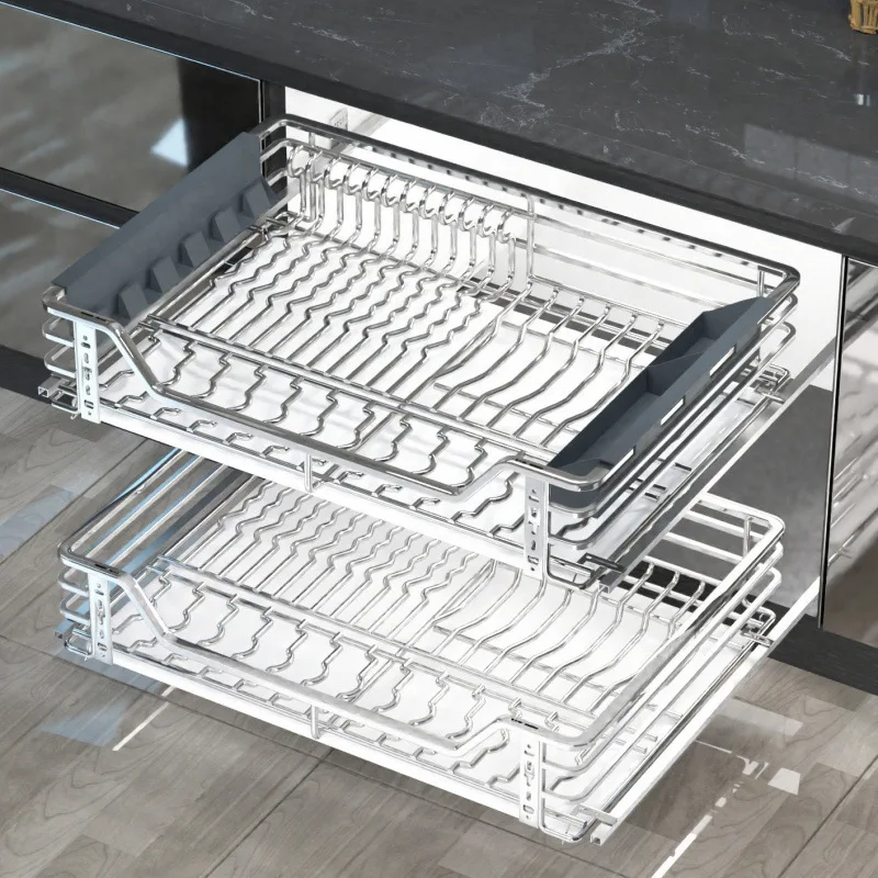 

Double Solid Bold Basket 304 Stainless Steel Kitchen Cabinet Damping Cushioning Track Dish Rack Folio Drawer