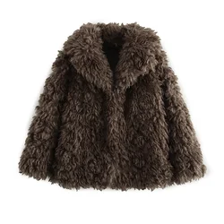 INS Fashion Brown Color Big Turn Down Collar Single Breasted Long Sleeves Women Solid Loose Artificial Fur Coat ZATT 2024 New