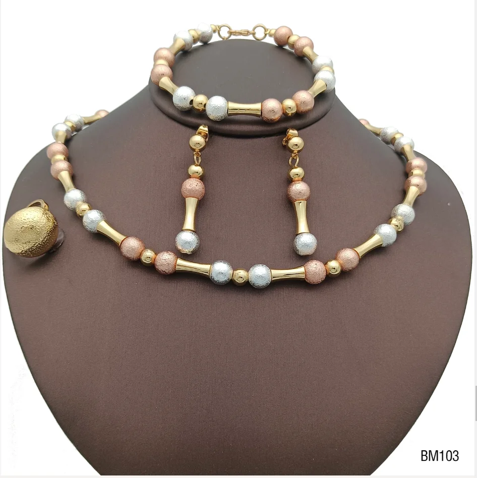 Nigerian Wedding Jewelry Set for Women 18k Gold Color Necklace and Hoop Earrings African Jewellery Gifts