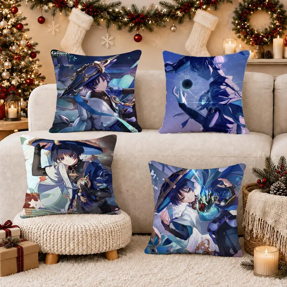 Game G-Genshin Impact Scaramouche Cushion Cover Soft Short Plush Pillow Case Cushion Cover for Living Room Sofa Decor
