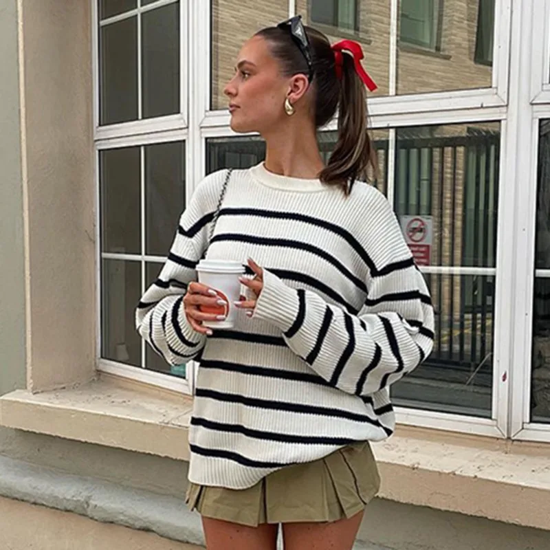 Tuularose mode rayé tricot pulls nouveau ample décontracté chaud tricoté pulls automne hiver nouveau banlieue Chic femmes pull