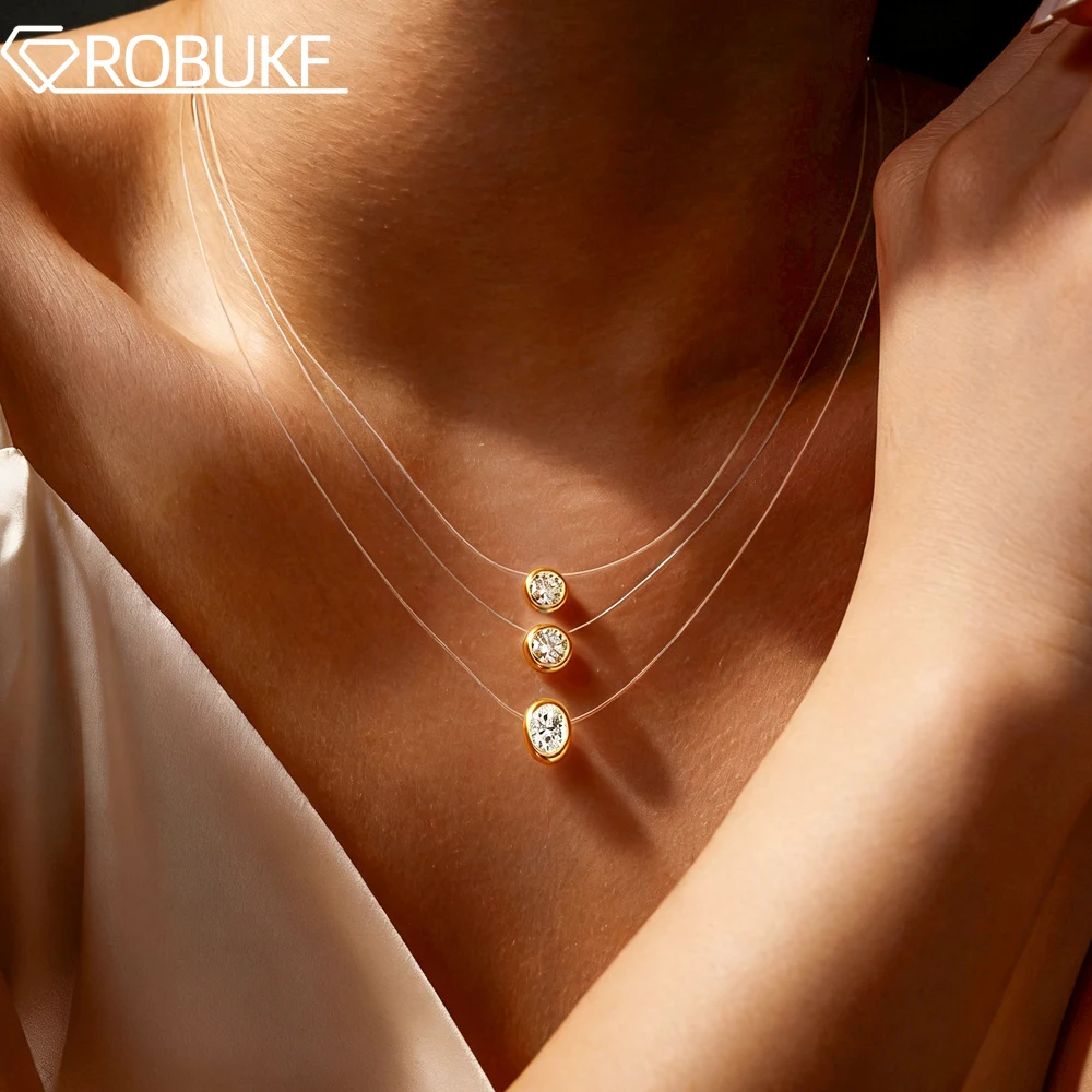 

0.5/1CT Bezel Set Pendant Moissanite Necklace For Women Round/Oval Cut Lab Diamond S925 Silver 18K Gold Plated Transparent Chain
