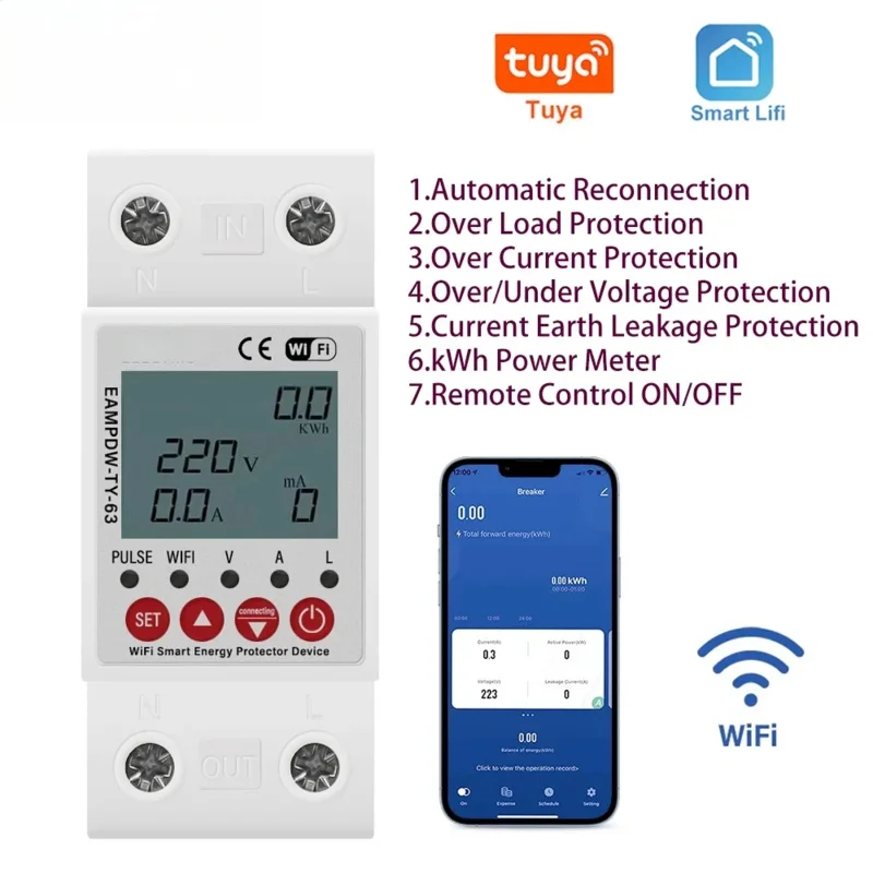 

2P 63A TUYA APP WiFi Умная схема Утечка на землю Защита от пониженного напряжения Реле Устройство Выключатель Выключатель Энергия Мощность Счетчик кВтч