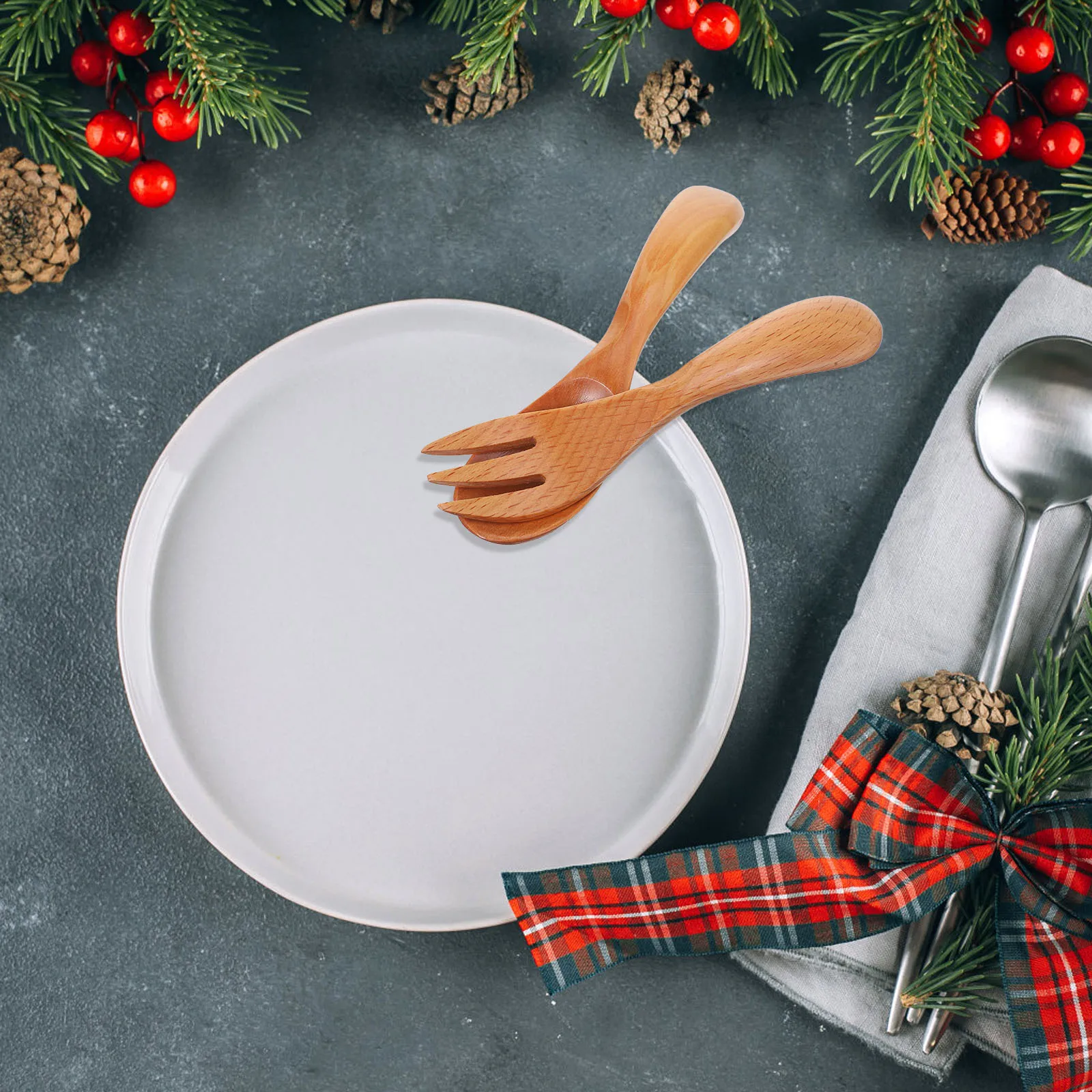

1 set Beech Wood Spoon Fork Set Lightweight Portable Dining Utensils Hollow Handle Easy Wooden Material Soup