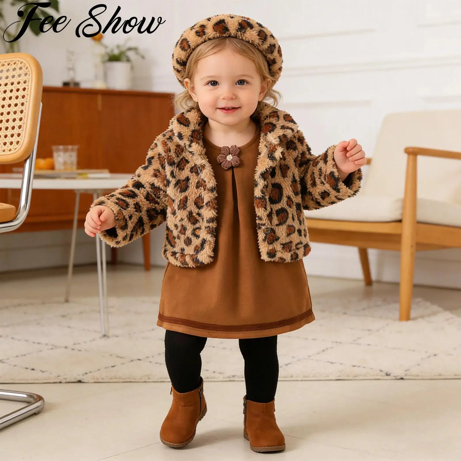 Baby Girls Clothes Winter Fashion Leopard Print Long Sleeves Fleece Coat with 3D Flower Dress Hat Holiday Birthday Party Outfits