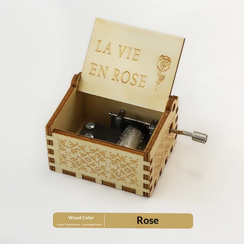 Wooden Hand Crank Music Box Retro Engraved Mechanical Musical Box Alphabet Design Gift for Kids Birthday Christmas