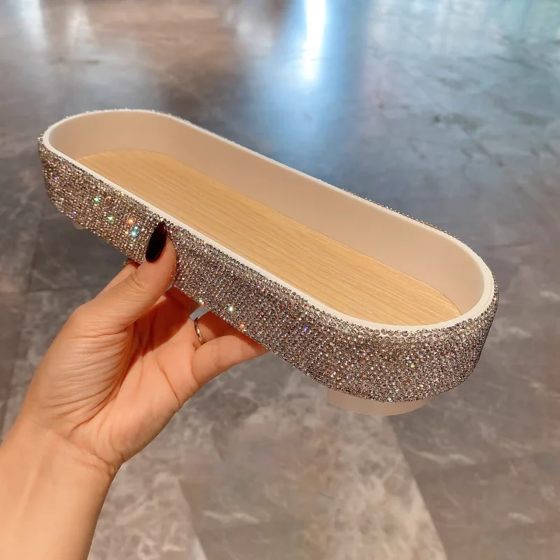 

Light luxury plastic oval tray storage rack artificial diamond home living room desktop skin care products finishing storage box
