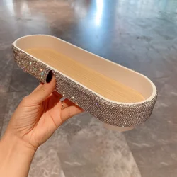 Light luxury plastic oval tray storage rack artificial diamond home living room desktop skin care products finishing storage box