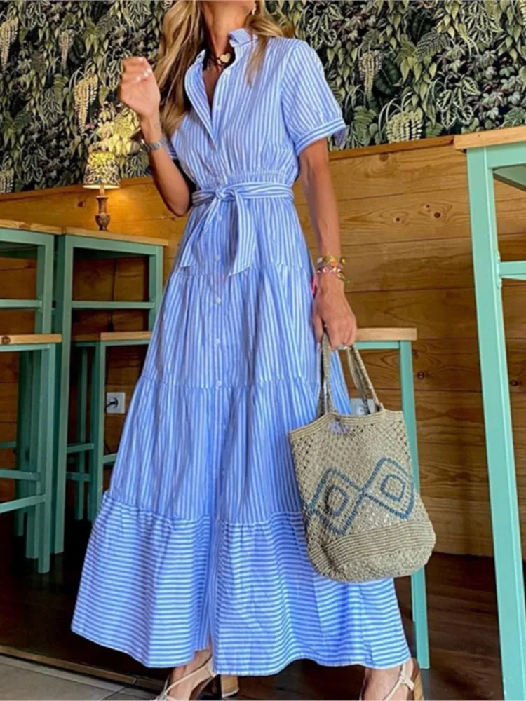 2024 Autumn Women\'s New Fashion Stripe Printed Short Sleeve Loose Waist Strap Long Collar Ankle Single Breasted Dress