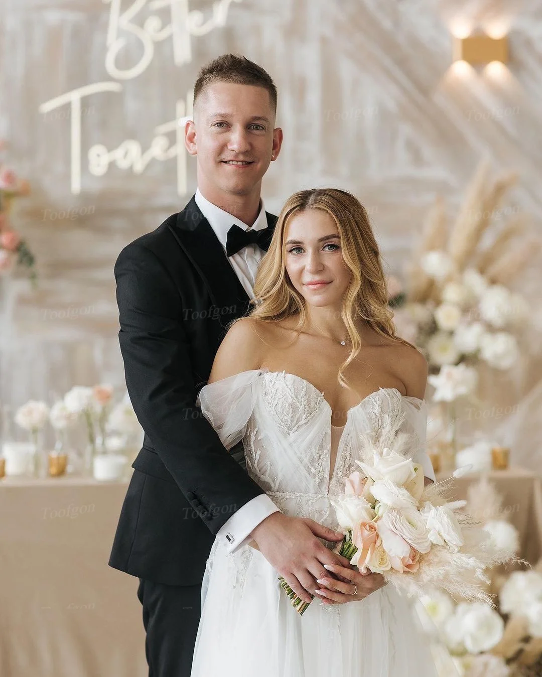 Toofgon vestido de novia de encaje con apliques de tul de una línea elegante, corsé con hombros descubiertos, vestidos de novia para fiesta