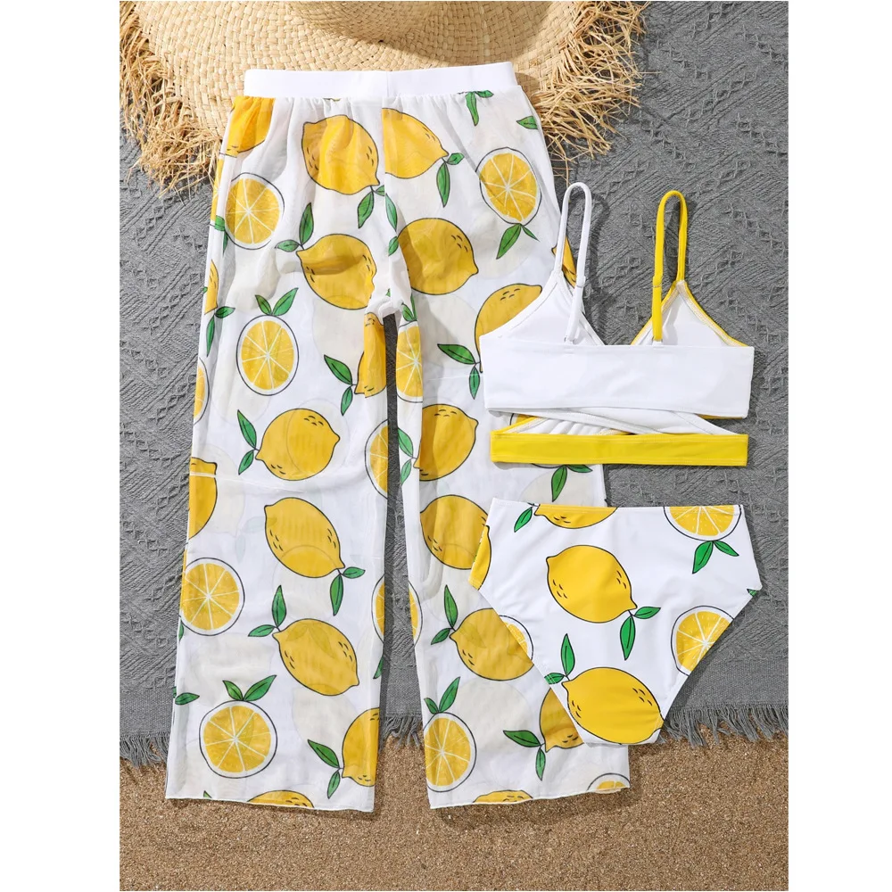 Girl 3pack Lemon Print Bikini Kids Cross Wrap High Waist Swimsuit with Beach Pants Children's Swimwear 7-12 Years Bathing Suit