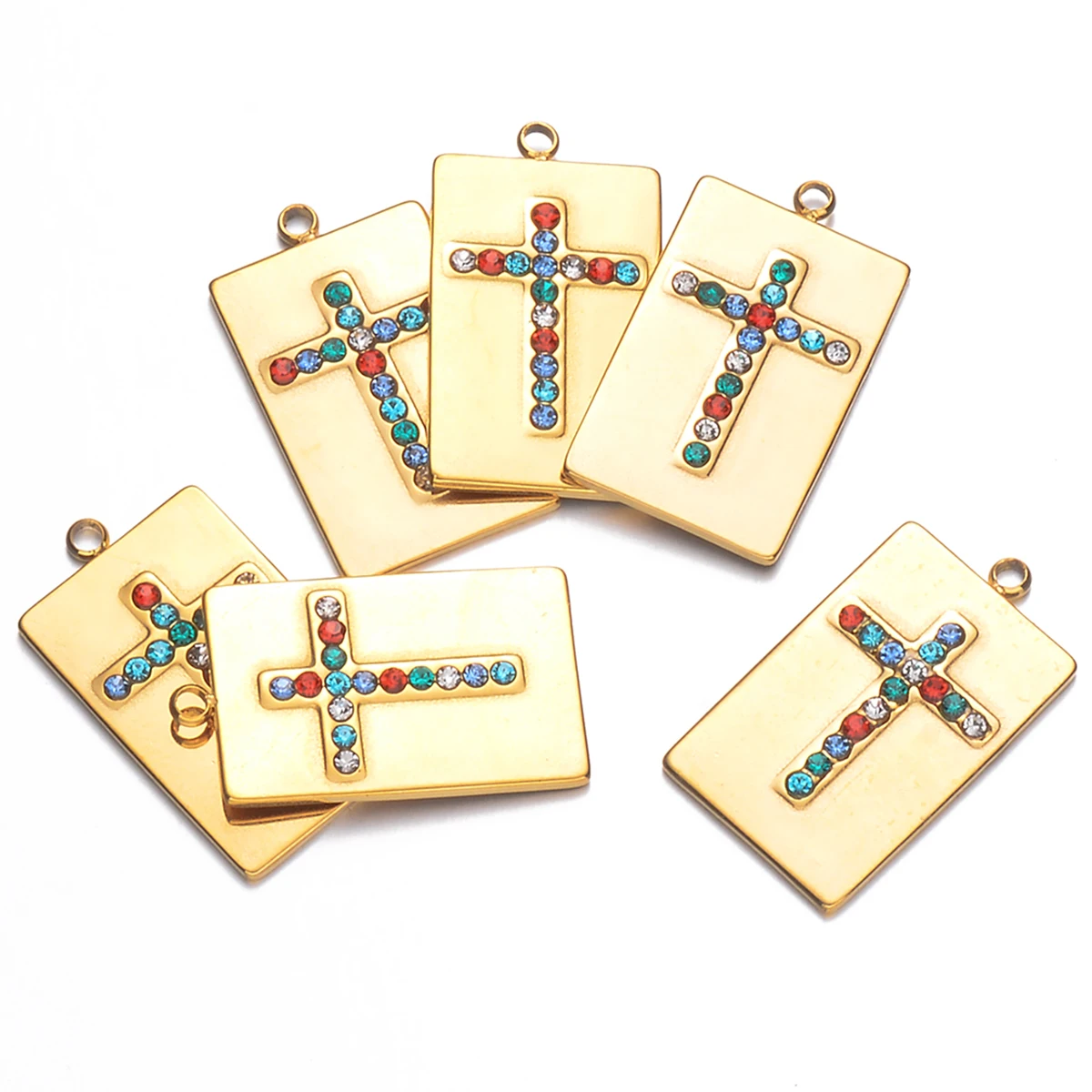 6pcs/lot Rectangular Stainless Steel Colorful Rhinestone Cross Pendant for Women Necklace DIY Charms Jewelry Making Accessories