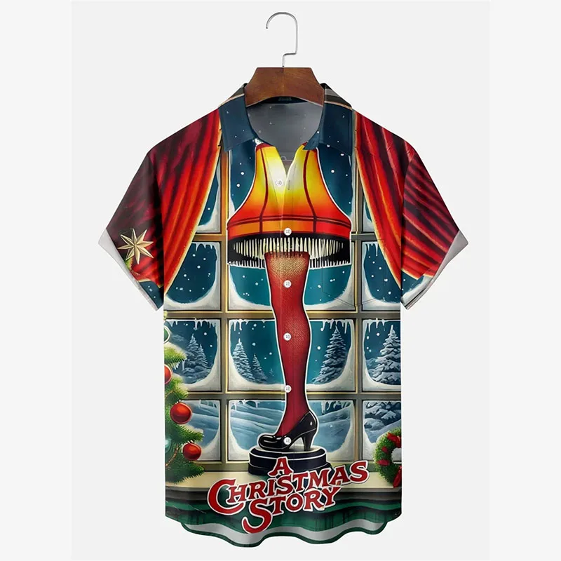 

Merry Christmas Leg Lamp Pattern Funny Shirt Men Clothing Lapel Short Sleeve Hawaiian Shirts Xmas Unique 3d Print Loose Shirts