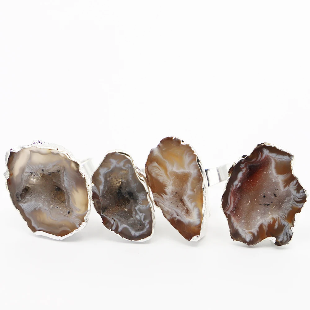 

4pcs/lot Natural Stone Irregular Agate Finger Ring Silver Plated Healing Quartz Primary Slice Resizable Size Jewelry Wholesale