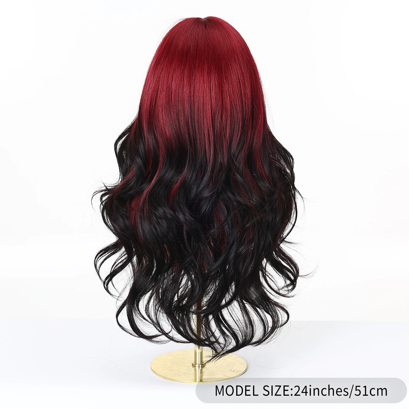 Long Red Black Ombre Wave Synthetic Wigs with Bangs for 