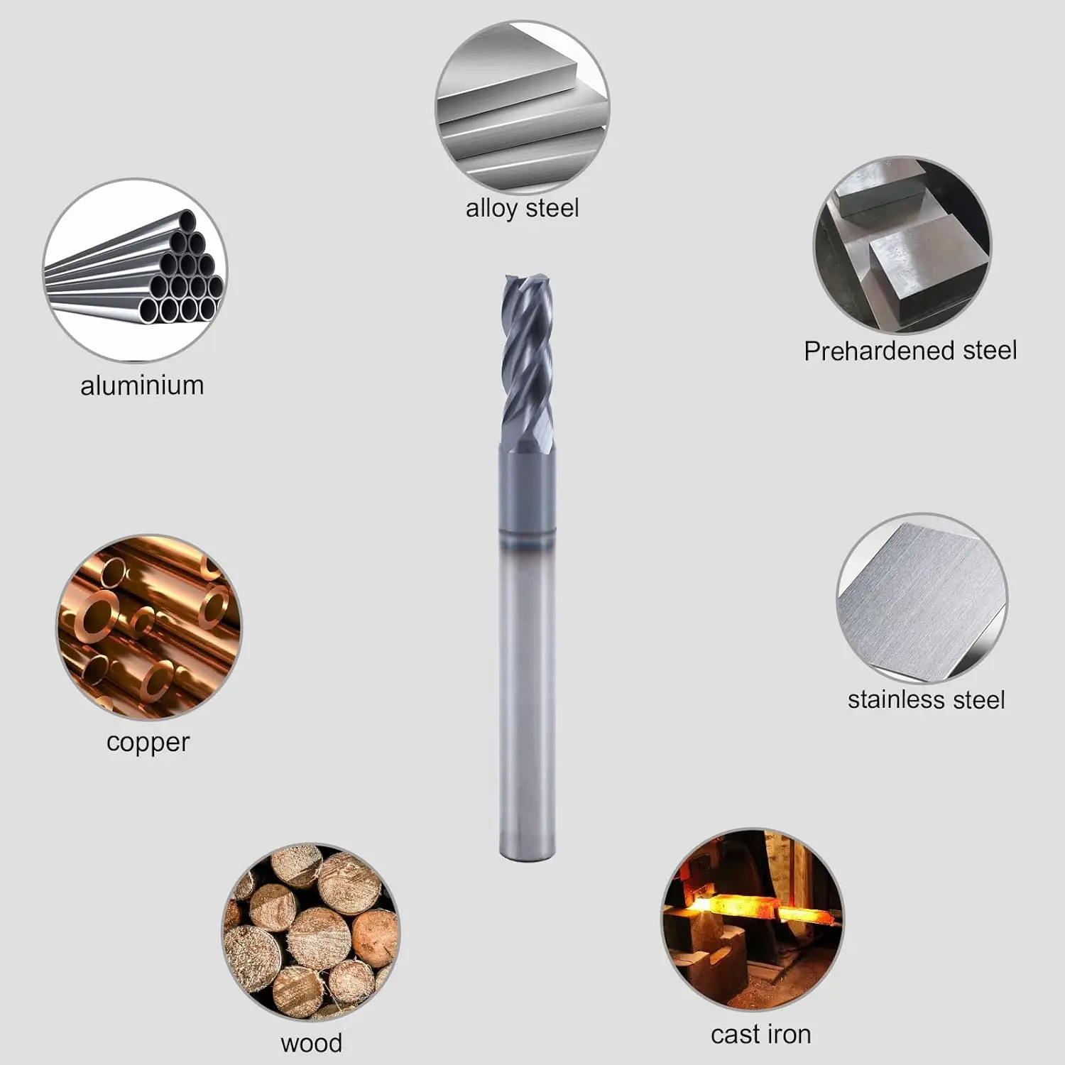5 frese quadrate in carburo solido da 7/32" - Rivestite in AlTiN, 4 flauto, 30 °   Elica, taglio 7/32", gambo 1/4", LOC 5/8", 2-1/2" OAL